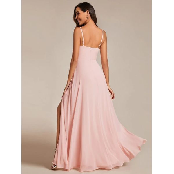 Empire A-line Ruffled V-neck Spaghetti Strap High Slit Corset Top Zipper Pink Chiffon Bridesmaid Dress