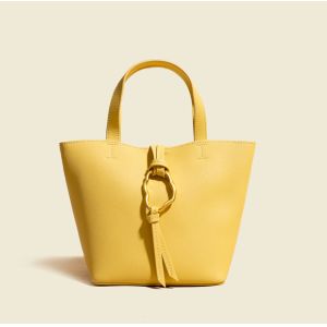 16cm Yellow Leather Tote Bag Cowhide Trapezoid Handbag