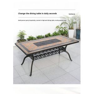 Tile Pattern Patio Dining Set Rectangel Picnic Table With Fire Pit