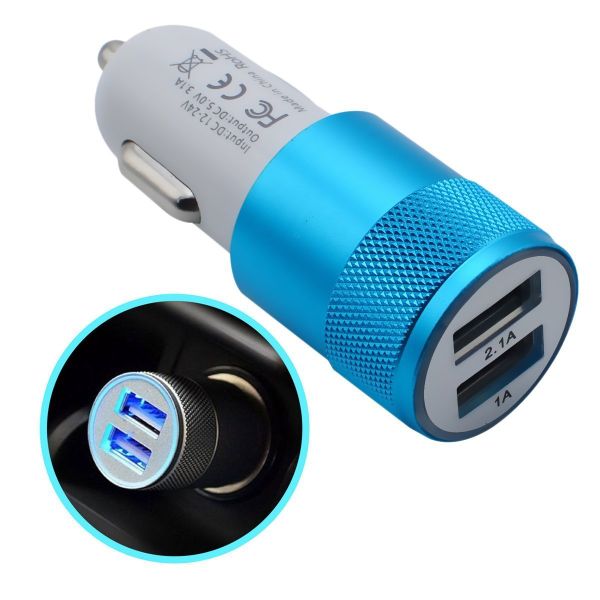 5V2.1A knurling dual USB car charger for mobile phone metal rings type