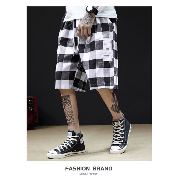 Buy BEIANJI Cotton Polyester Black White Checkered Shorts Garment Dyed at wholesale prices