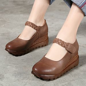 S288 New Style Genuine Leather Thick-Soled Slope Heel Spring Shoes Factory