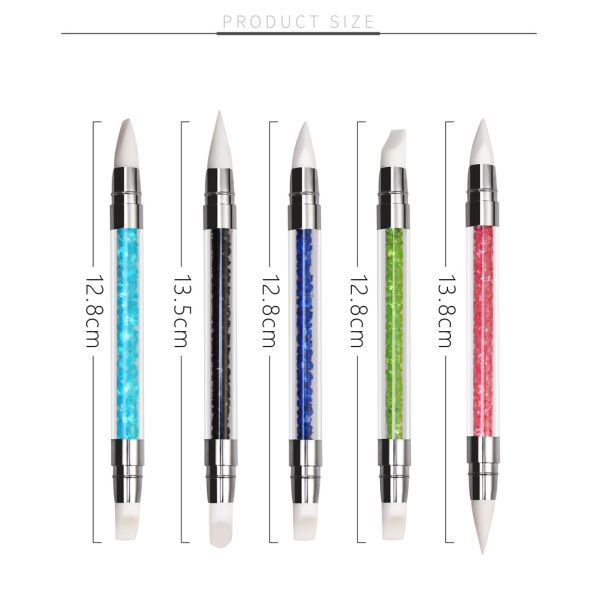 5Pc Dual-ended Nail Scrubbing Brush Rhinestone Handle Silicone Nail Brush