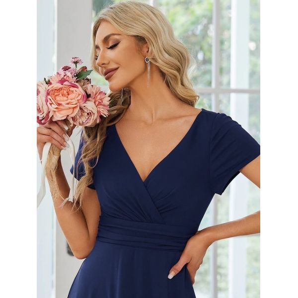 Sexy Custom Size V-neck Simple Pleated Empire Waist A-line Short Sleeve Navy Blue Satin Party Dress
