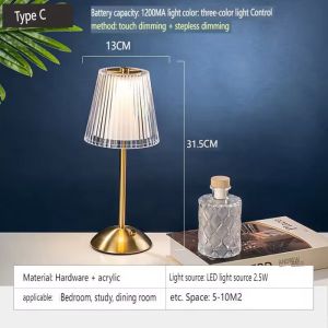 Crystal LED Table Lamp Type C USB 5V Rechargeable Touch Three Color Table Lamp