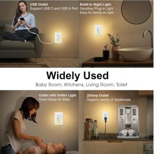 Wall Mounted Night Light USB Outlet 20A 2700K Tamper Resistant