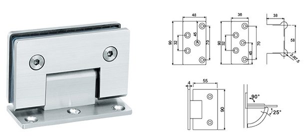 Stainless steel Wall to Glass bathroom hinge RS801, Square 90 degree, Single side stainless steel