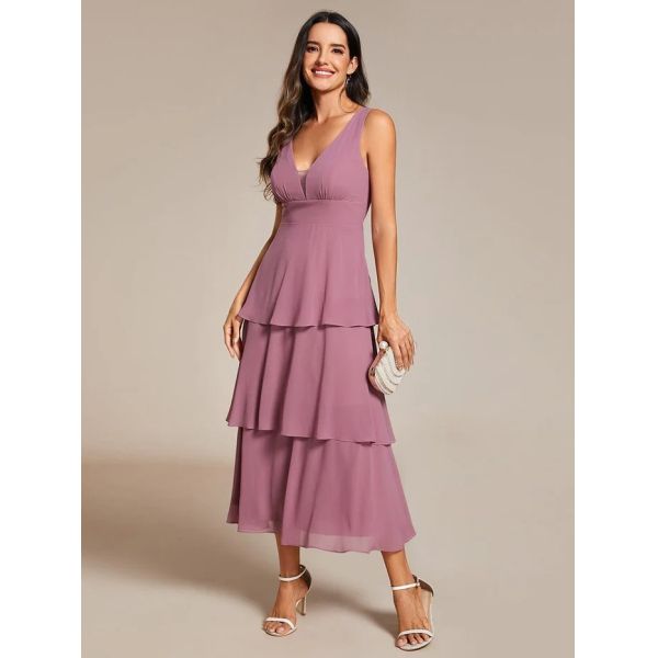 Multi-layered Hem V-neck Sleeveless A-line Purple Orchid Chiffon Wedding Guest Dress Graduation Dresses
