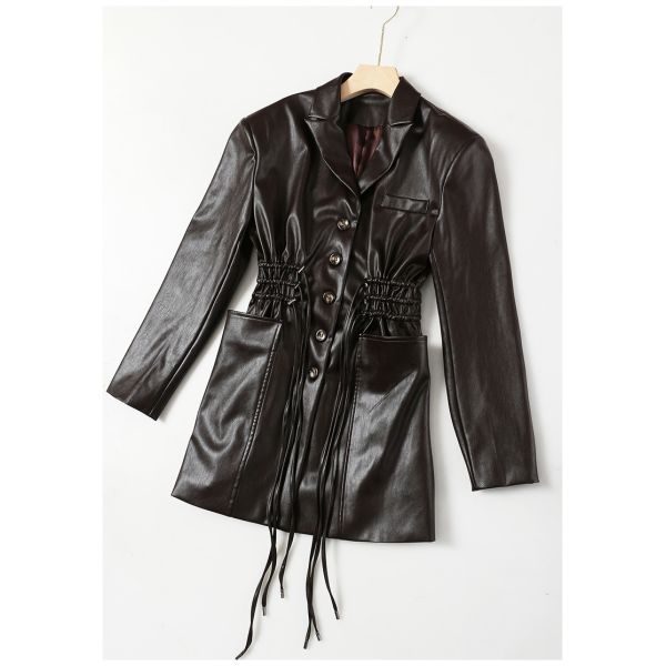 Breathable Women Fashion Drawstring Oversized Midi Winter Pockets Long Leather Jacket Coat PU Jackets