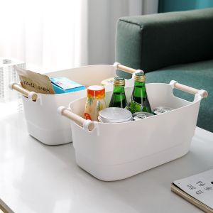 Quality Bathroom 5L 10L White Plastic Pantry Bins With Wooden Handles for sale