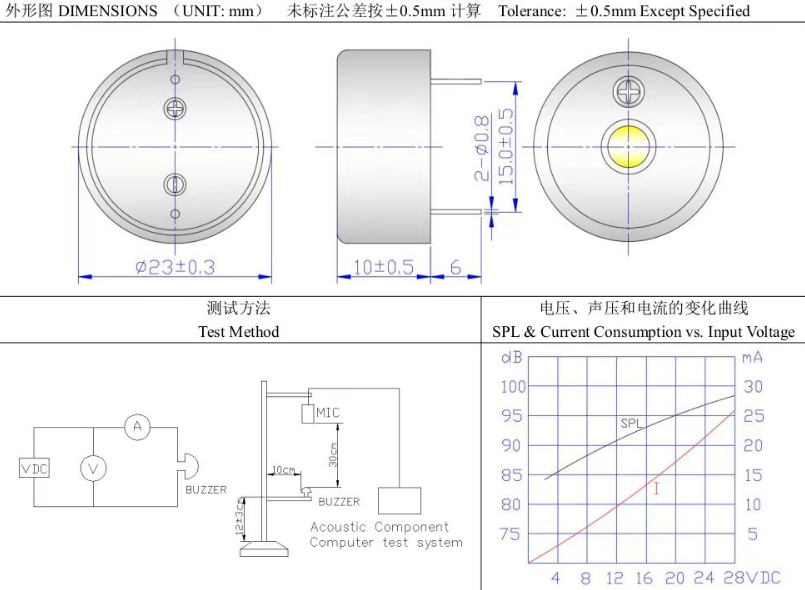 12VDC Pulse Tone Waterproof Piezo Buzzer 5 - 30vdc Working 15mm Pitch 2310 Buzzer