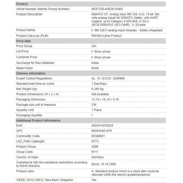 6ES7336-4GE00-0AB0 Siemens Analog Input Module - Failsafe