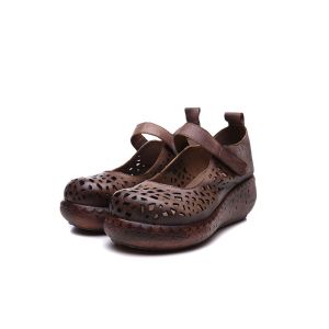 Quality S492 Retro Ethnic Style Thick-Soled Sandals With Velcro Hollow Leather Handmade High-Heeled Women'S Shoes Wholesale Proc for sale