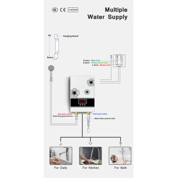 Custom Instant Shower Hot Water Heater 3.5KW-6KW Electric Wall Hung Water Heater