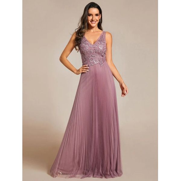 Elegant V-neck Floor-length Appliqued Zipper Two Straps A-line Purple Orchid Crepe Tulle Evening Dress
