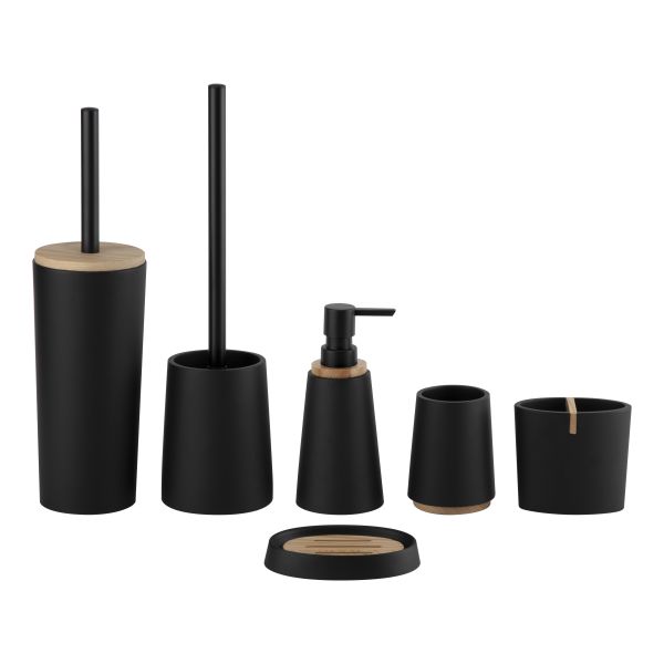 Buy Polyresin Bath Accessories Sets Round Taper Shape With Wood Part Soap Dish For Bathroom Hand Soap Bottle Toothbrush Tumbler at wholesale prices