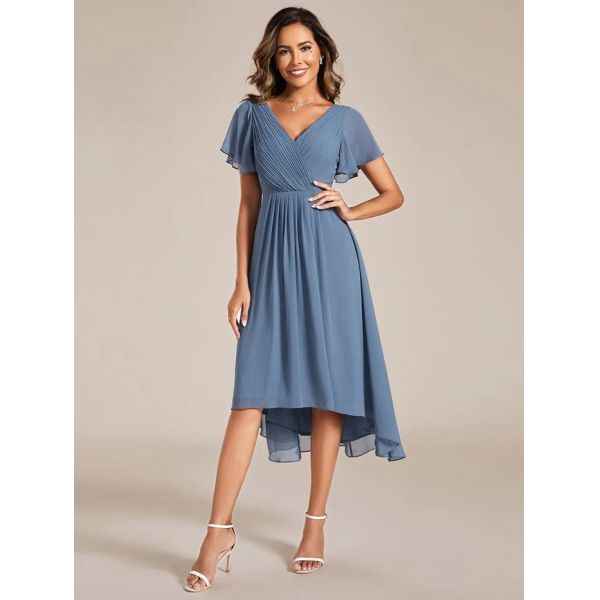 Chic V-neck High-low Short Flutter Sleeves A-line Ruffles Midi Invisible Zipper Dusty Navy Chiffon Wedding Evening Dress