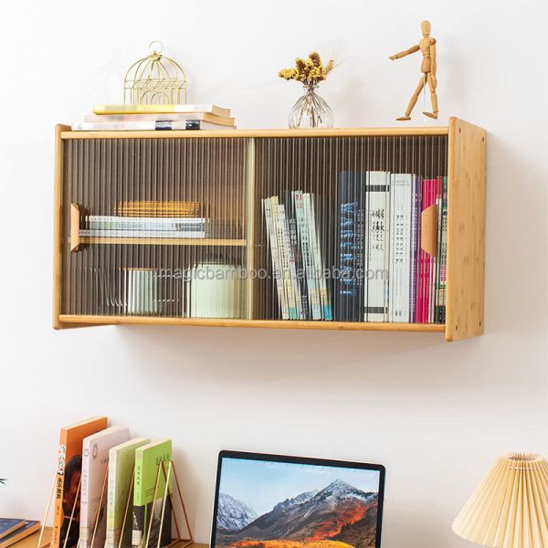 Bamboo Wall Mounted Kitchen Pantry Organizers Sideboard With Transparent Doors