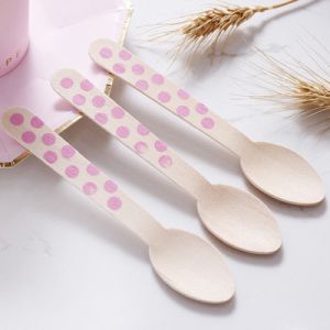 Biodegradable Didposable 160mm Wooden Cutlery Utensil Dot Baby Pink Spoon