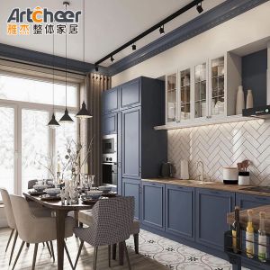 China Modular Kitchen Cabinet Set With Gold Handles And Dark Blue Sectional Design In Plywood Material on sale