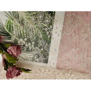 French Chantilly Orange Tulle Lurex Metallic Silver Lace Fabric