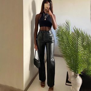 Sexy High Waisted Leather Pants Women Double Pocket