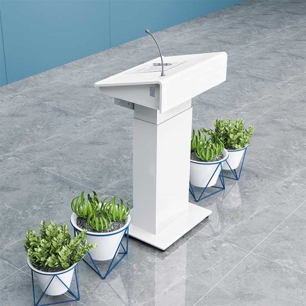 White Office Height Adjustable Desk Electric Lift Podium With Movable Casters