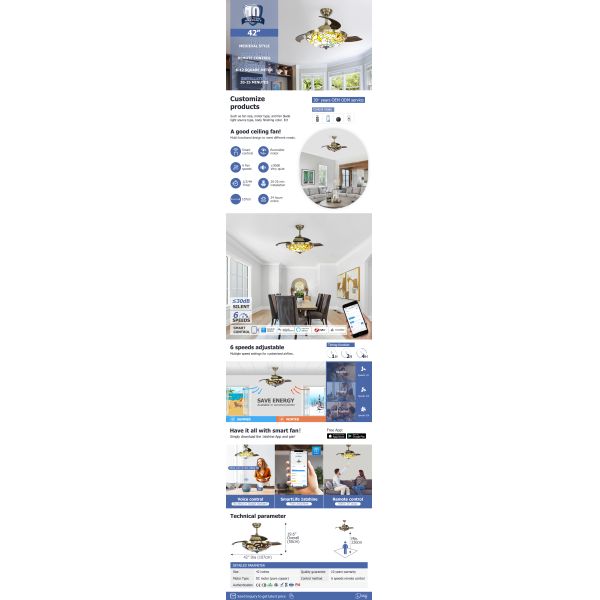 Vietnam Ceiling Fans with Lights and Hidden Blades 42 Inch 106cm Crystal Decorative Design