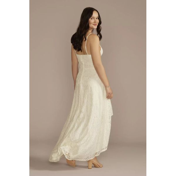 Ideal High-low Custom-made Size A-line Spaghetti Strap Zipper V-neck Empire Ivory Beach Lace Wedding Dress