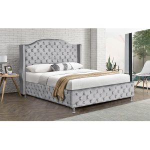 Customized Silver Grey Upholstered Bed Velvet Fabric Button Tufted High