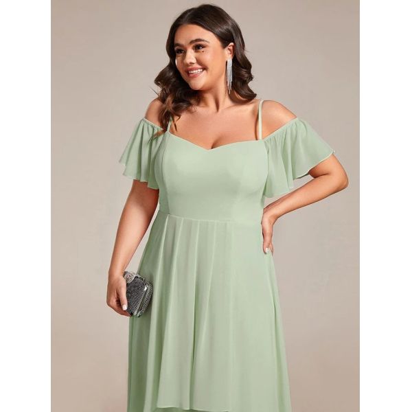 Empire Off-shoulder Spaghetti Strap Zipper High-low Wedding Guest Dresses Short Sleeves Mint Green Chiffon Graduation Dr