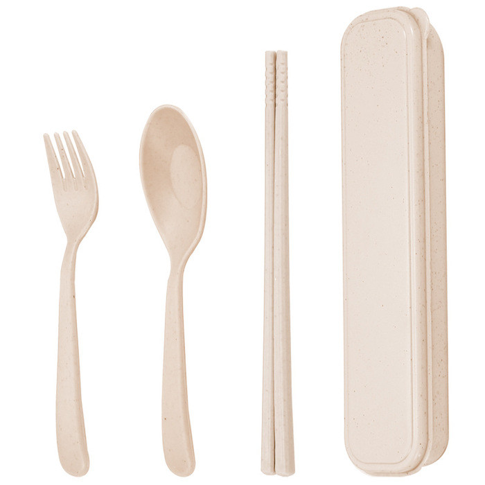 Quality Portable Beige Color Sustainable Wheat Straw Fibre 3-PC Flatware Set Reusable Eco Tableware Accessories Can Be Used Multiple Times Lightweight Non for sale