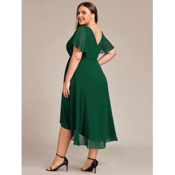 Empire Plus Size V-neck High-low A-line Short Sleeve Ruffled Dark Green Chiffon Wedding Guest Evening Dress