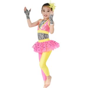 MiDee Jazz Dance Costumes Zebra Leotard Sequin Vest Multi Color Lycra Skirt