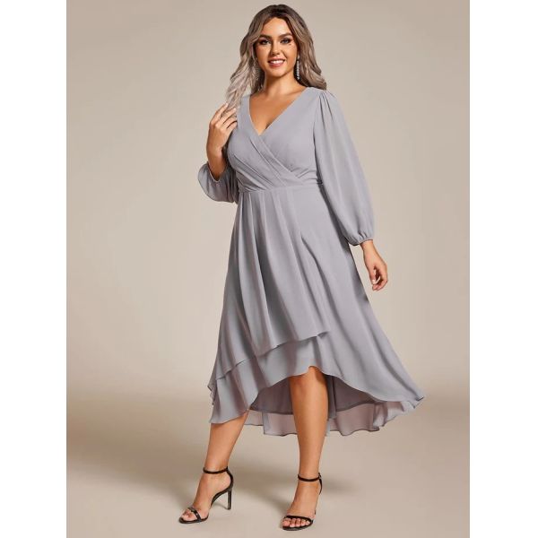Plus Size Ruffled A-line Long Sleeve V-neck High Low Wedding Guest Teal Chiffon Evening Dress