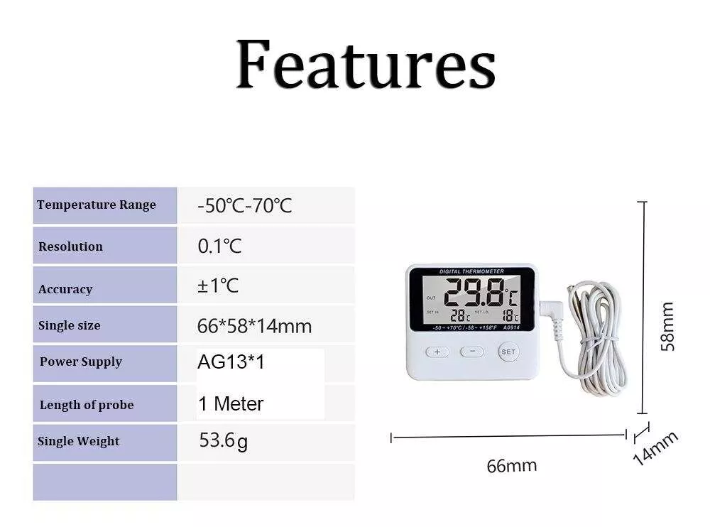 A0914 Digital Freezer Fridge Thermometer With Probe Sensor Magnet