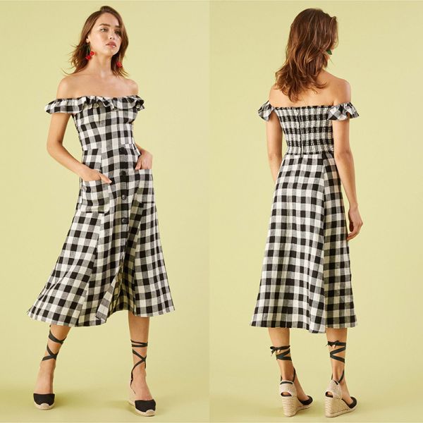Buy Black and white checked off shoulder dress at wholesale prices