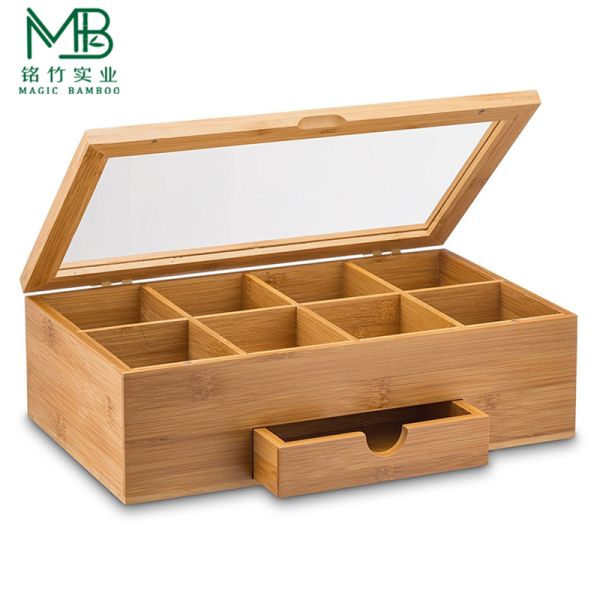 Bamboo Multi-Compartment Organizer With Clear Side Drawer Cover For Kitchen