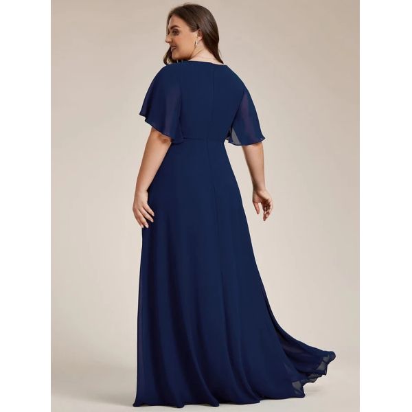 Empire Plus Size Applique Short Sleeve A-line V-neck Flutter Sleeves Invisible Zipper Navy Blue Chiffon Evening Dress