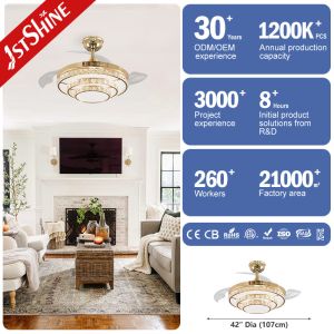 220V Crystal Retractable Ceiling Fan Light Dimmable Fandelier 6 Speed