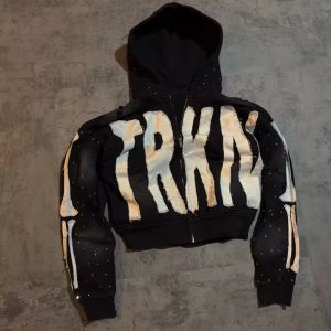 Custom logo Applique Embroidery Cropped Hoodies Black Rhinestone Printing