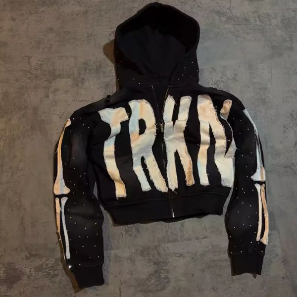 Custom logo Applique Embroidery Cropped Hoodies Black Rhinestone Printing Hoodies for Men Zip up French Terry Ribbed Hem Hoodies