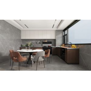 China Elegant Wood Grain Finish L-Shaped Stainless Steel Kitchen Cabinet on sale