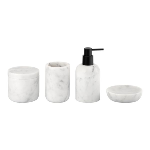 Buy Kalala White Nature Marble Bathroom Accessories Set Round Shape With Black Pump Marble Soap Dispenser at wholesale prices