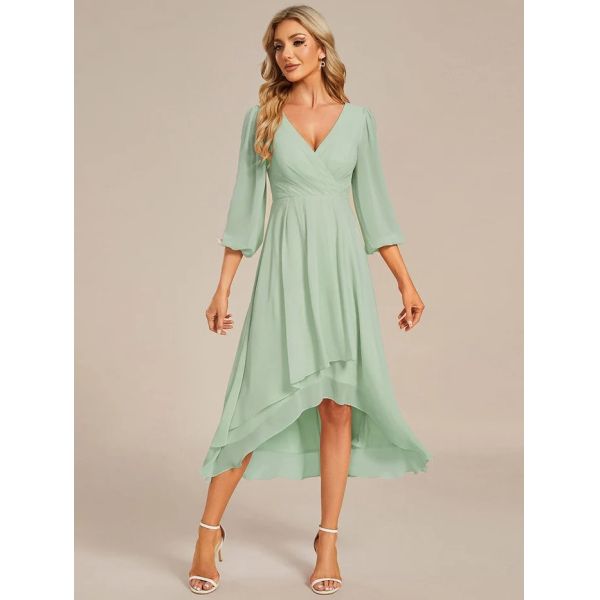 Elegant Empire Long Sleeve V-neck High Low A-line Ruffled Midi Mint Green Chiffon Wedding Guest Evening Dress