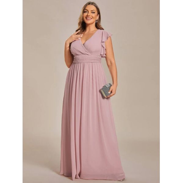Empire Plus Size V-neck Open Back Ruffled A-line Cap Sleeves Pink Chiffon Evening Dress