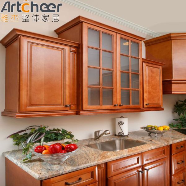 Solid Wood Kitchen Cabinet with Wall Hang Cabinet and PVC Membrane Surface Treatment
