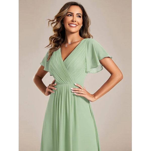 Chic V-neck High-low Short Flutter Sleeves A-line Ruffle Midi Invisible Zipper Mint Green Chiffon Guest Graduation Dress
