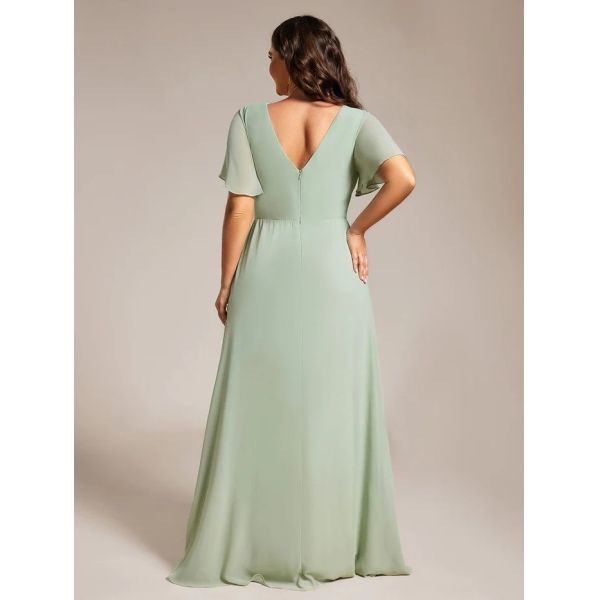 A-line Ruffle Sleeves And High Slit V-neck Mint Green Chiffon Bridesmaid Dress