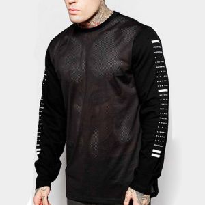 Custom Made Trendy Oversized T Shirts Long Sleeve Sheer Mesh Panel Print
